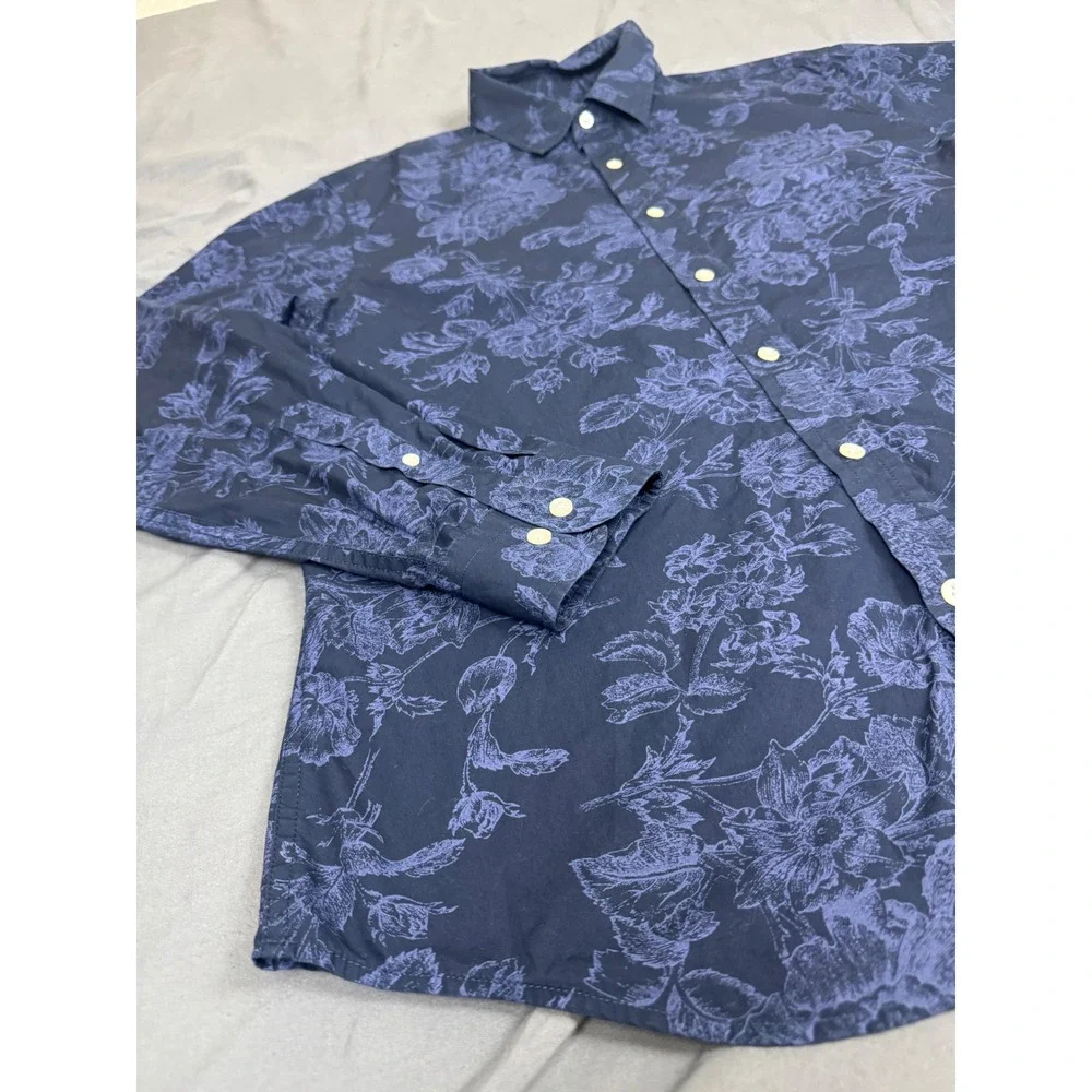 Banana Republic Mens Large Luxe Poplin Untucked Slim Fit Floral Shirt Navy Blue